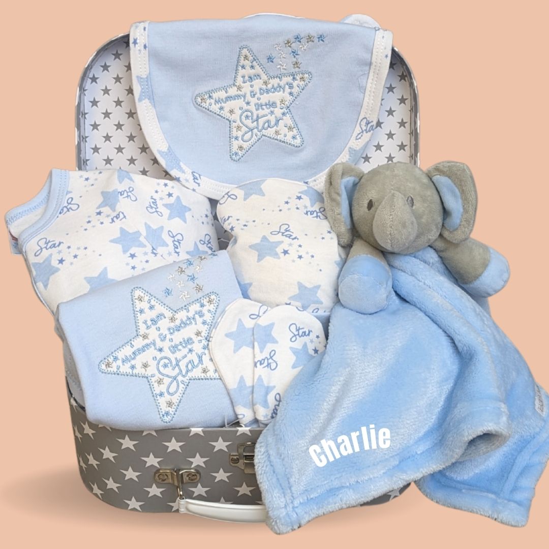 Baby boy hamper gifts with blue star clothing gift set, personalised elephant toy and keepsake box.