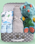 Baby boy hamper gift with grey cellular blanket & blue dinosaur toy 
