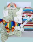 Baby boy hamper with dinosaur soft toy, baby romper, nursery plaque, baby booties and knit blanket.