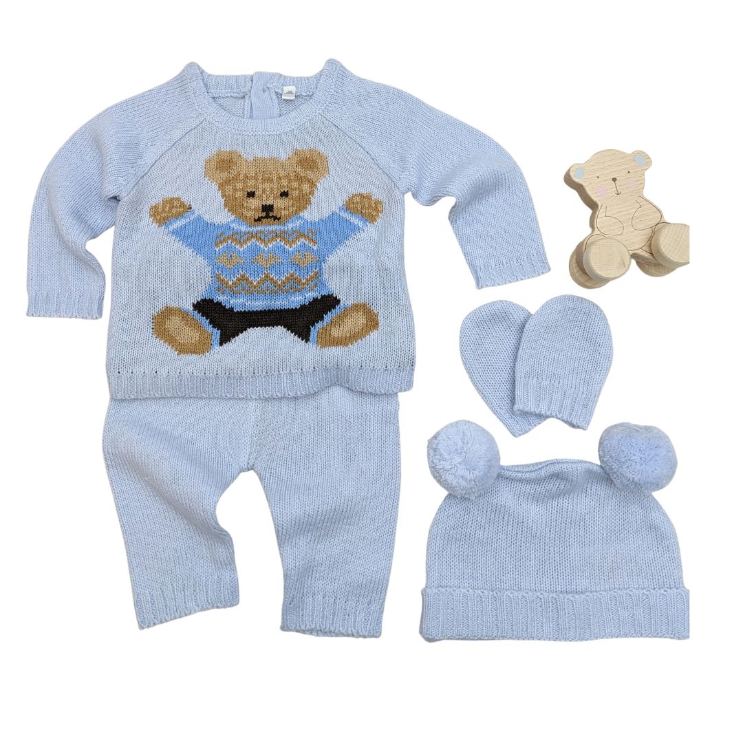 Soft blue knit 4 piece clothing set with gift box with Teddy Bear motif