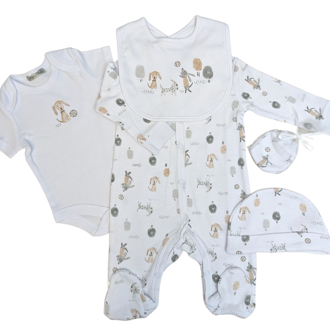 Baby Clothing Neutral 5 Piece Gift Set &#39;Puppy Dogs&#39;