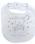 baby clothing set with vest, bib, mittens, book and trousers.