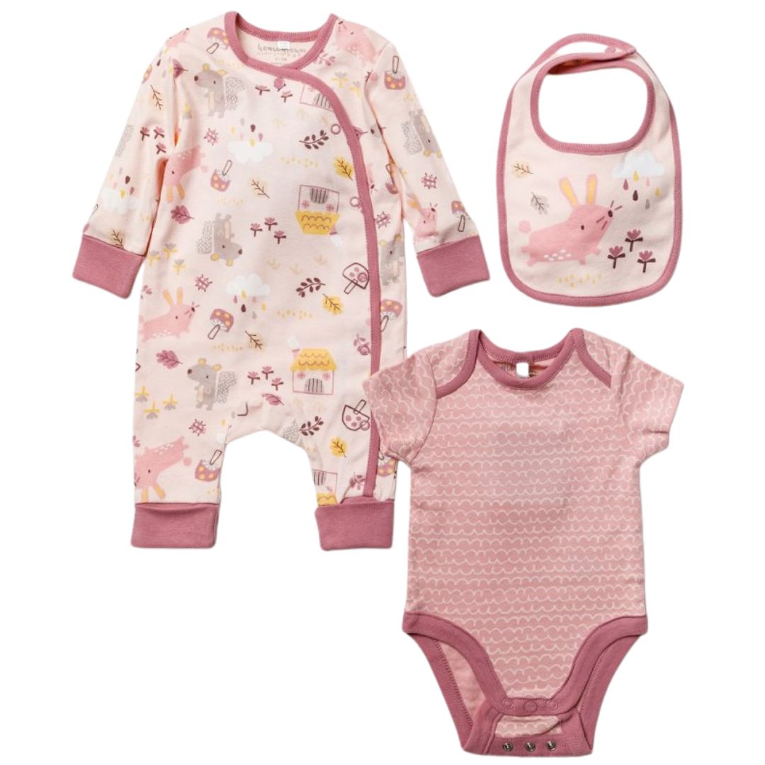Baby girl clothes gift set with bodysuit, babygrow and bib in pink bunny design.