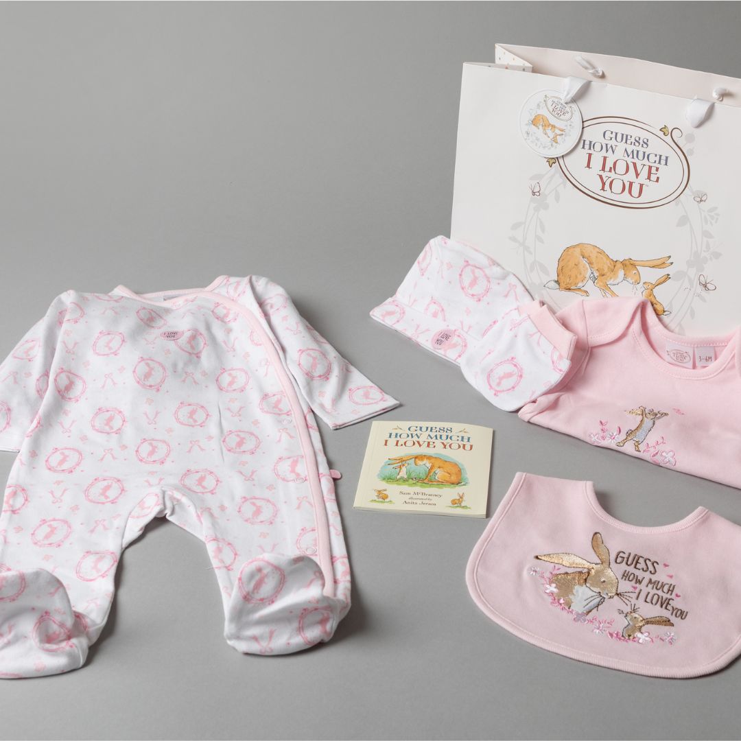Baby girl clothing set with romper, bib, mittens, vest and book.