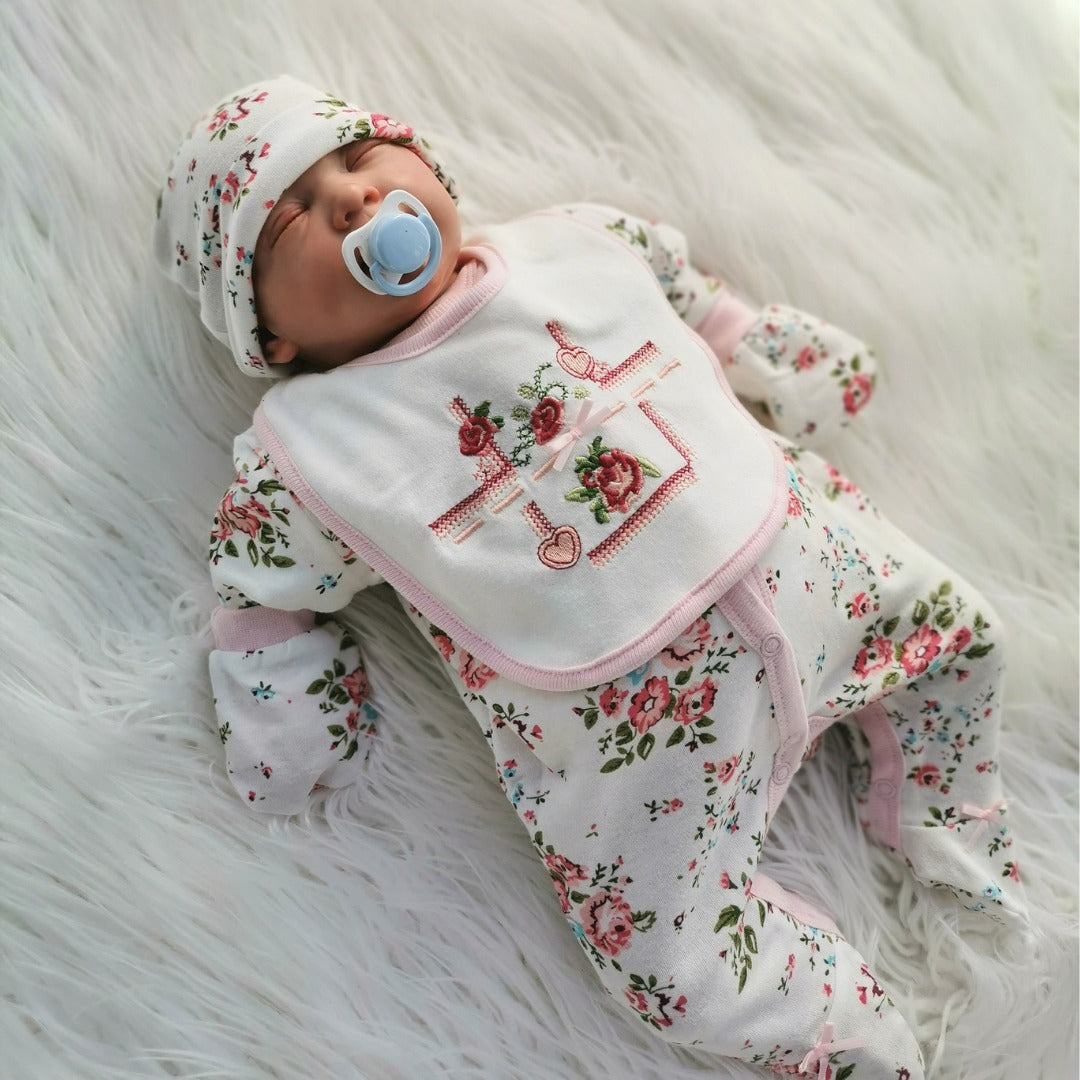 Baby girl clothes set, white with pink flowers.