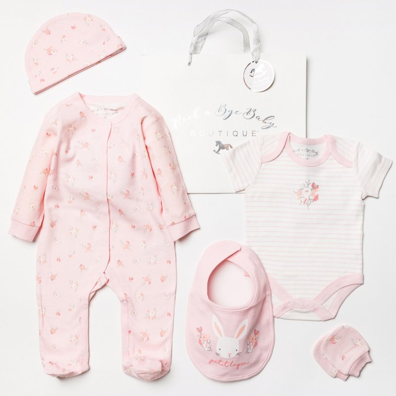 Baby Girl clothes gift set in pink with bunny and flower print and detailing