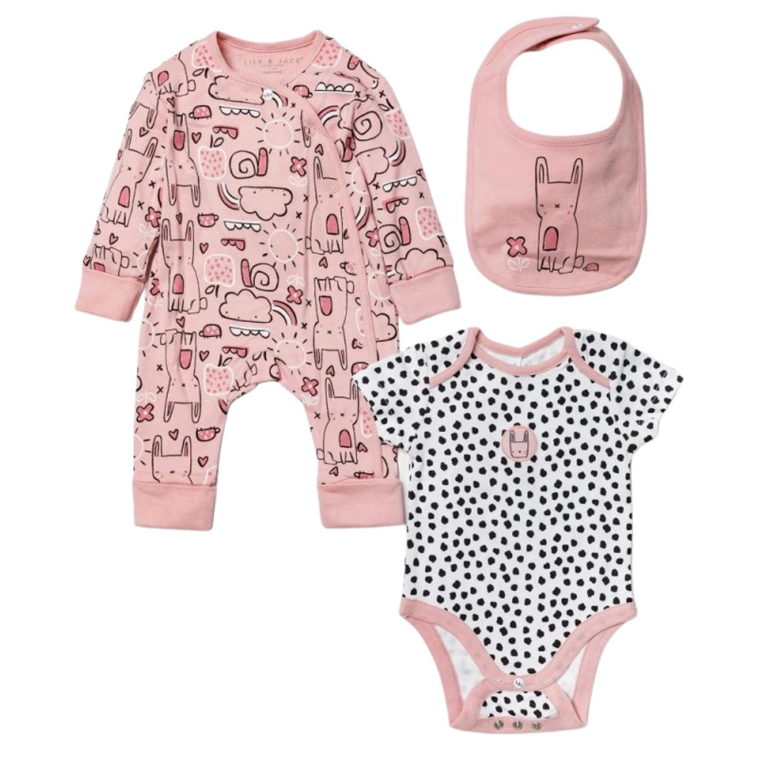 pink baby girl clothing set with vest, bib and romper.