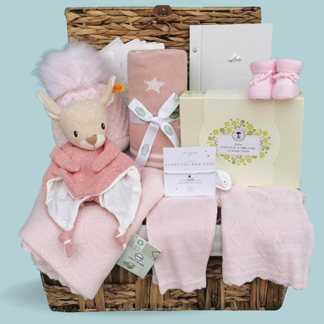 Baby girl hamper gift basket - pink, baby clothes, blanket, hat and deer soft toy.