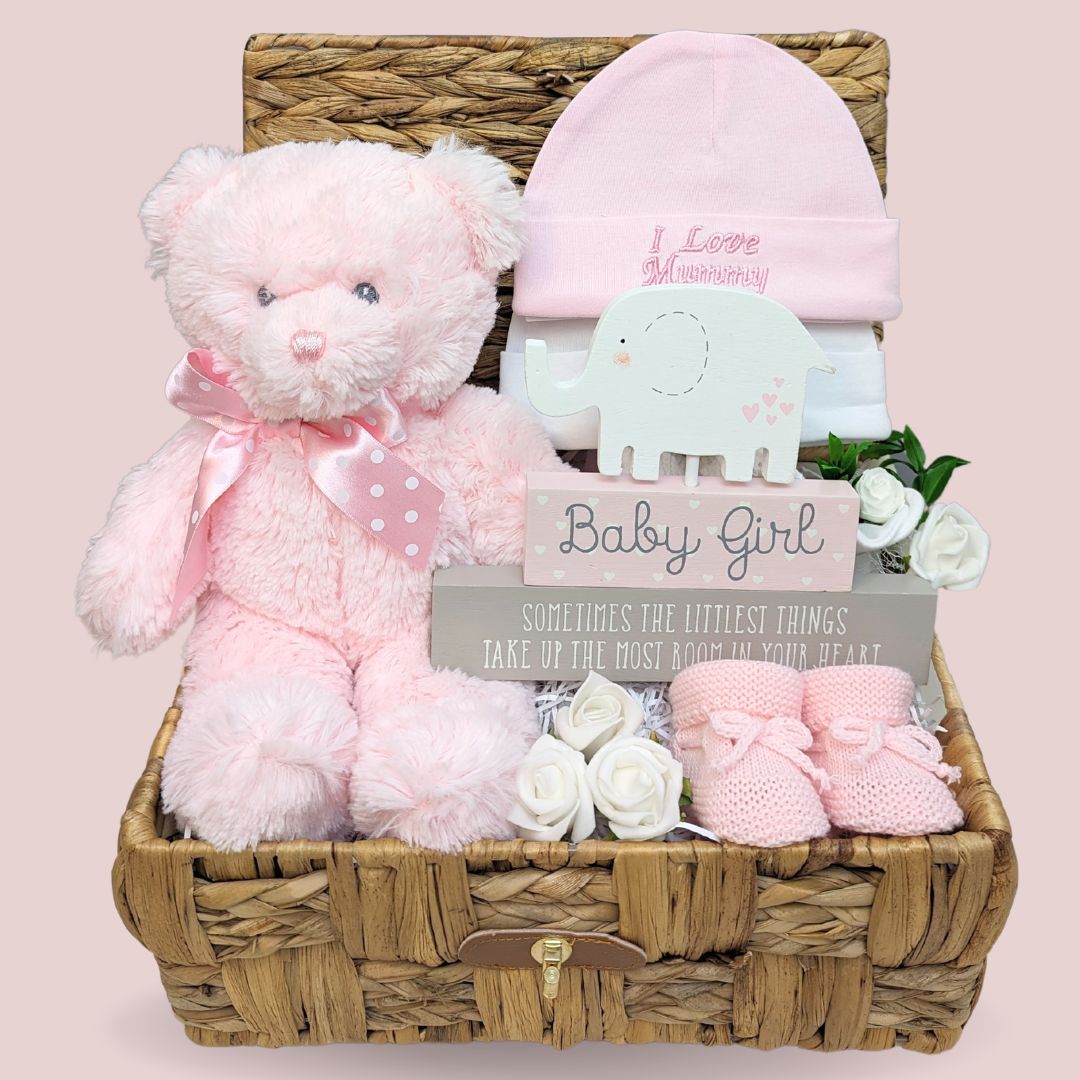 Baby girl hamper gifts with teddy bear, baby hats, nursery plaque, baby booties.