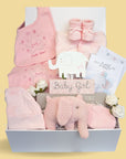 new baby girl gifts box with pink elephant rattle, flowers & butterfly baby outfit - bumbles and boo