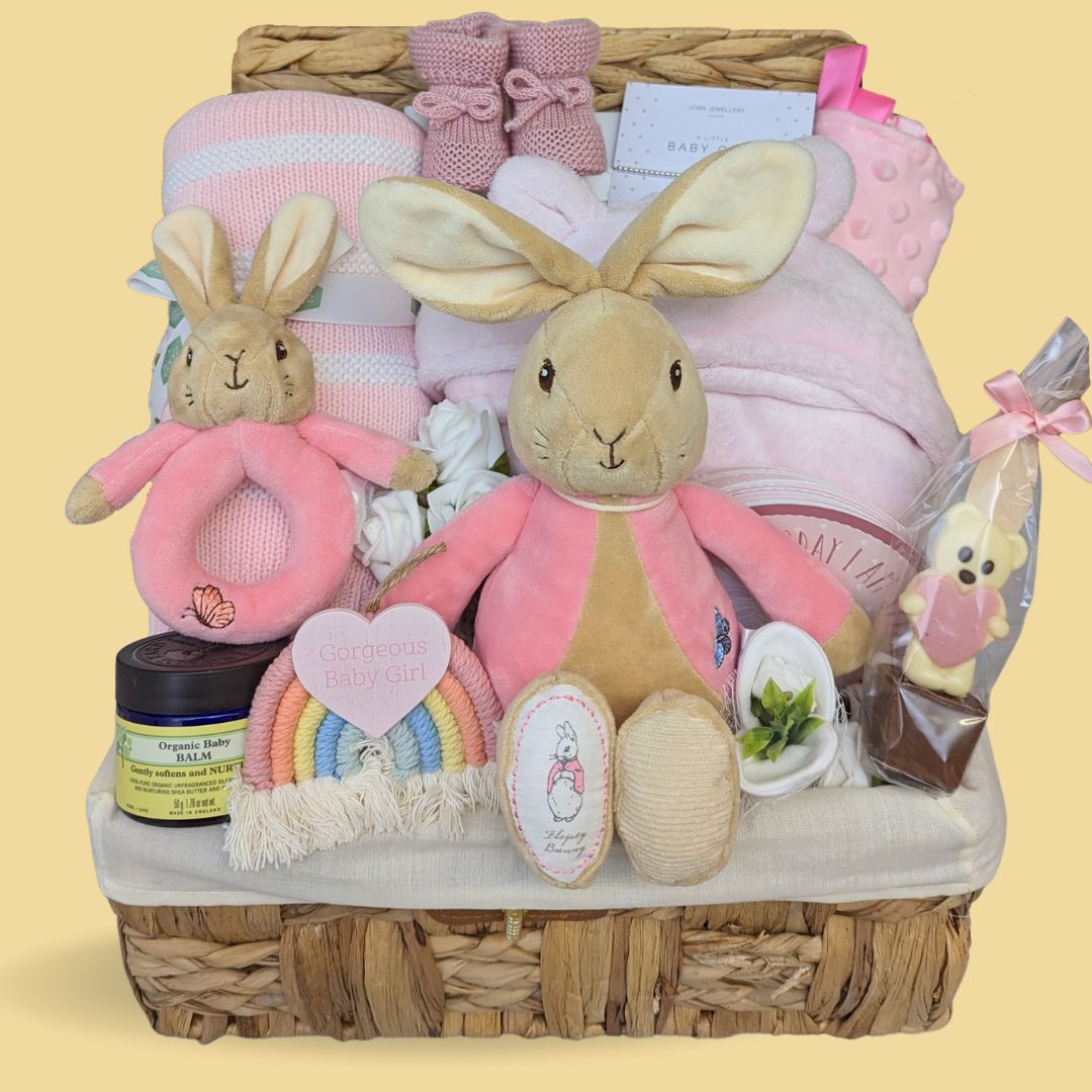 baby girl hamper gift with Beatrix Potter Flopsy Bunny rabbit, pink striped blanket &amp; pink taggie blanket. - Bumbles and Boo