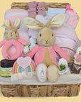 baby girl hamper gift with Beatrix Potter Flopsy Bunny rabbit, pink striped blanket & pink taggie blanket. - Bumbles and Boo