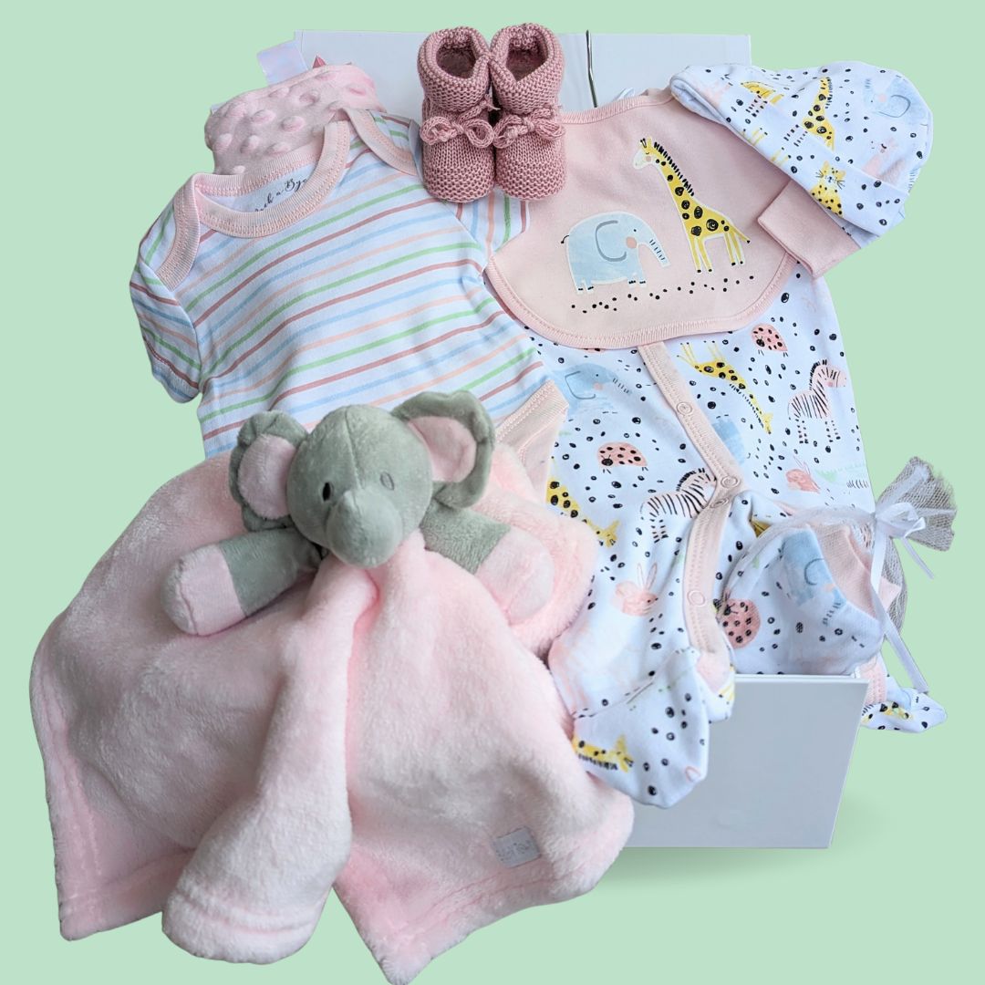 baby girl hamper box with elephant and giraffe clothing, elephant comforter, taggie blanket with ribbons and knit baby booties.