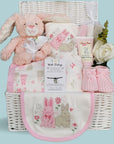 Baby girl gift hamper - with pink bunny rabbit and baby girl clothes set.