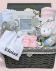 Award winning baby girl gifts. This hamper includes elephant theme with baby blanket, photo frame, baby booties, baby mittens and organic skincare.