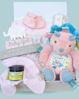 Baby girl hamper with pink dinosaur soft toy and floral pink baby clothes.