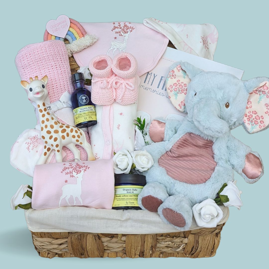 Baby girl hamper basket  with teething toy, baby journal, clothing set, soft toy, nursery plaque and organic skincare.