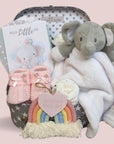 Baby girl hamper gift with elephant soft toy, milestone cards, baby booties and hanging decoration.