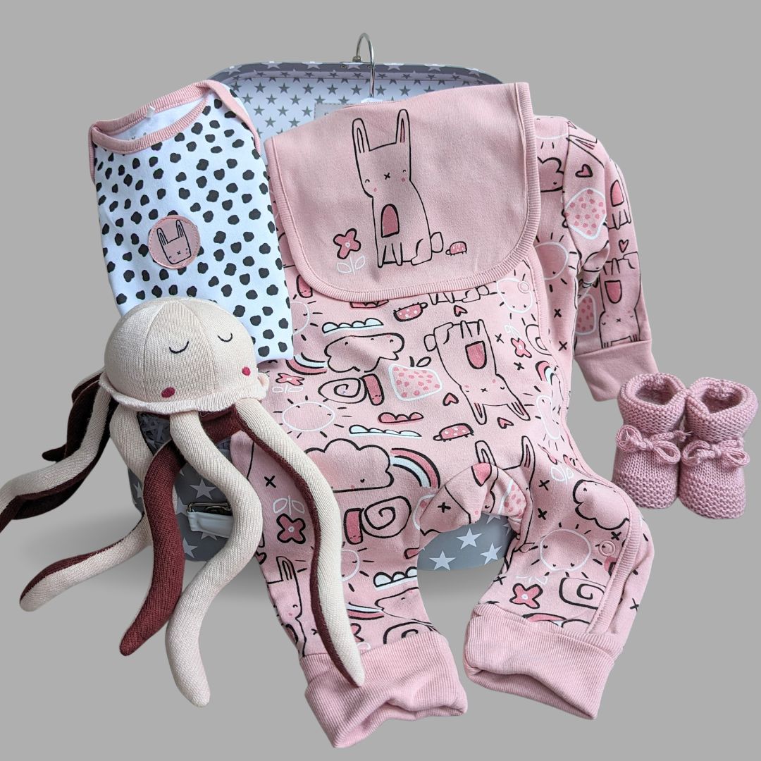 Baby girl clothing hamper gift with organic jellyfish and baby booties.