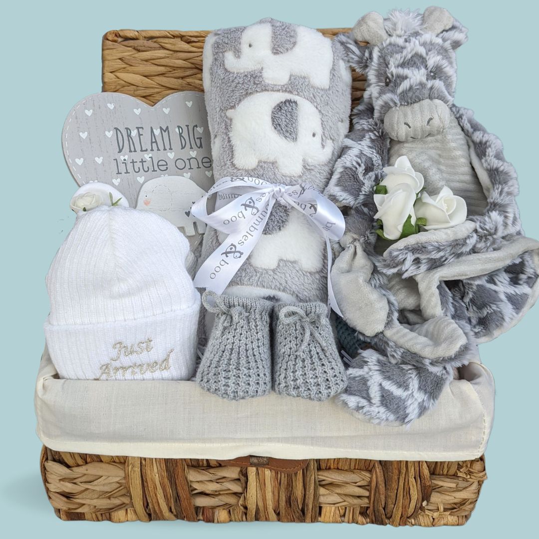 New baby gift hamper in eco basket with, grey eephant baby blanket & grey giraffe toy