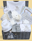 Unisex baby hamper with clothing set, elephant soft toy, baby booties, nursery plaque and milestone cards.
