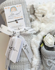 unisex baby hamper box with blanket, hat, elephant and milestone cards.