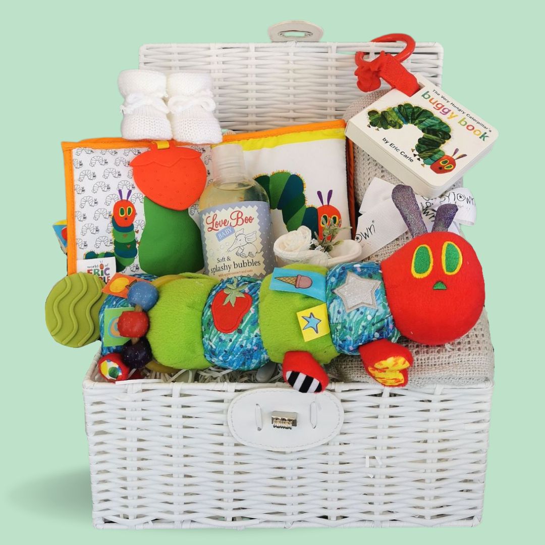 Baby hamper gift with baby blanket, baby book, baby wash and the very Inspire a love for reading at a young age with this collection of toys and accessories based on Eric Carle’s much-loved The Very Hungry Caterpillar story.  caterpillar toy and rattle.