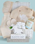 Baby hamper basket with unisex baby clothing, organic baby wash and nursery decoration.