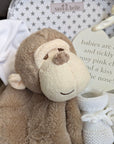 new baby hamper gift with monkey comforter, baby hat, nursery plaque and baby booties.