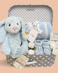 baby boy hamper gift with steiff bunny rabbit, blanket and baby booties.