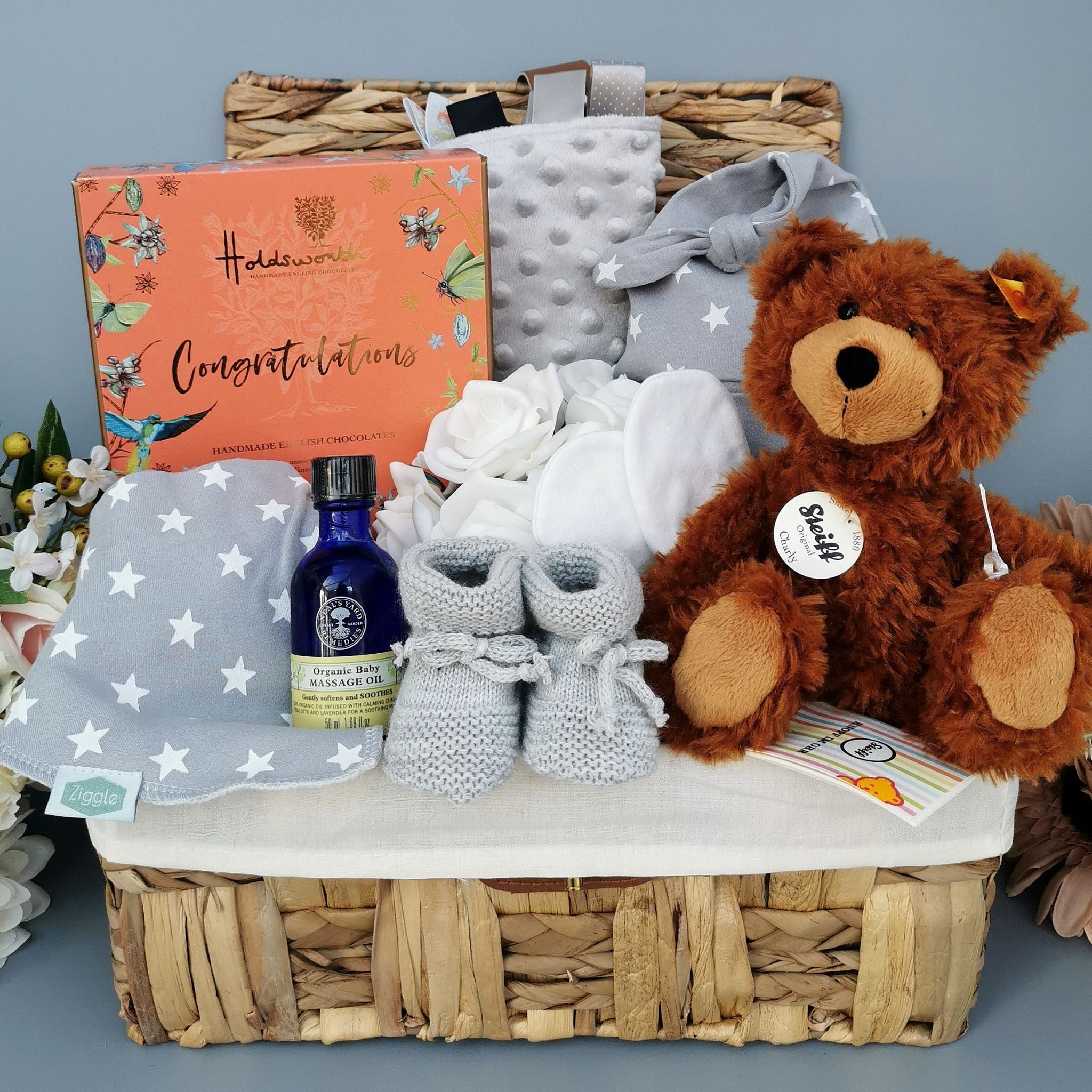Baby Gift Hamper with Steiff teddy bear and congratulations chocolates