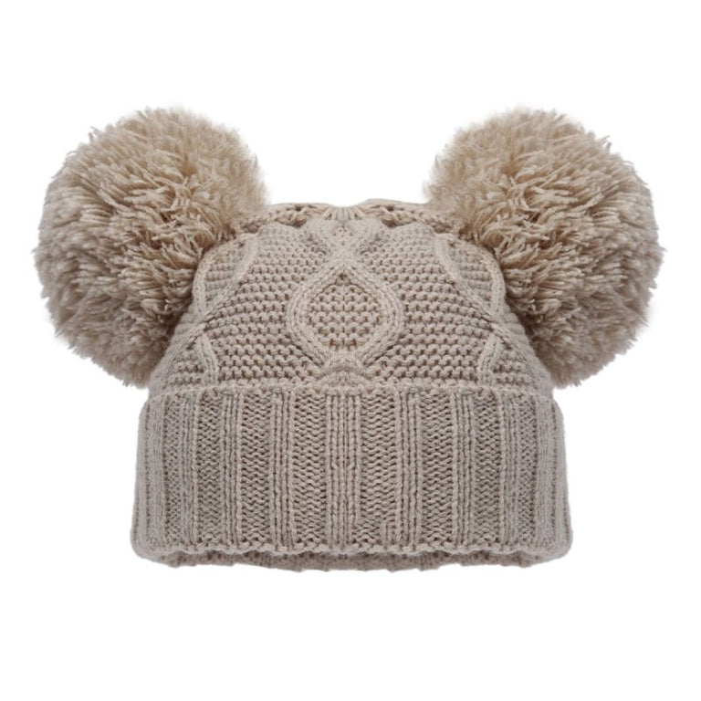 Baby Hat - Beige Knitted with 2 Pom Poms – Bumbles & Boo