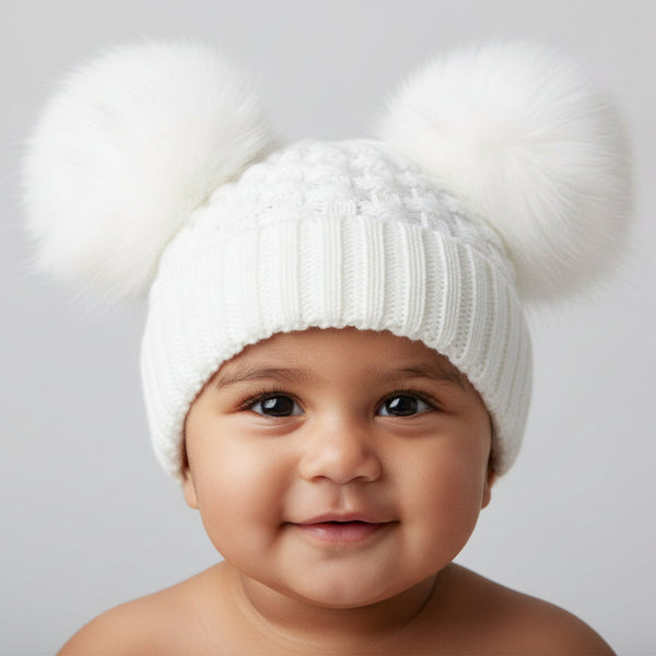 White Double Pom Pom Knitted Hat - Baby Hats - Bumbles & Boo
