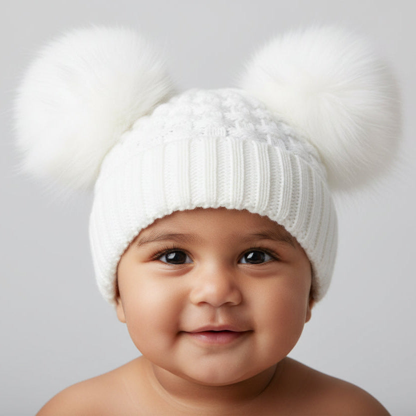 Baby White Checked/Striped Knit Hat with Faux Fur Double Pom Poms Baby Hat.