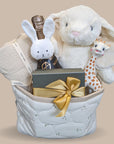 baby shower gift with bunny soft toy, sophie la girafe teething toy, muslin wrap, chocolates for the parents and wine bottle.