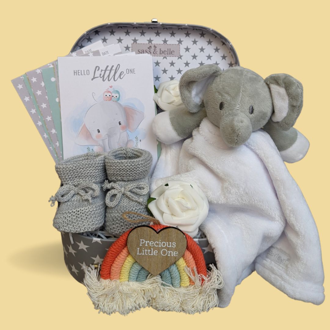 Baby Shower hamper gift with elephant soft toy, milestone cards, baby booties and hanging rainbow decoration.