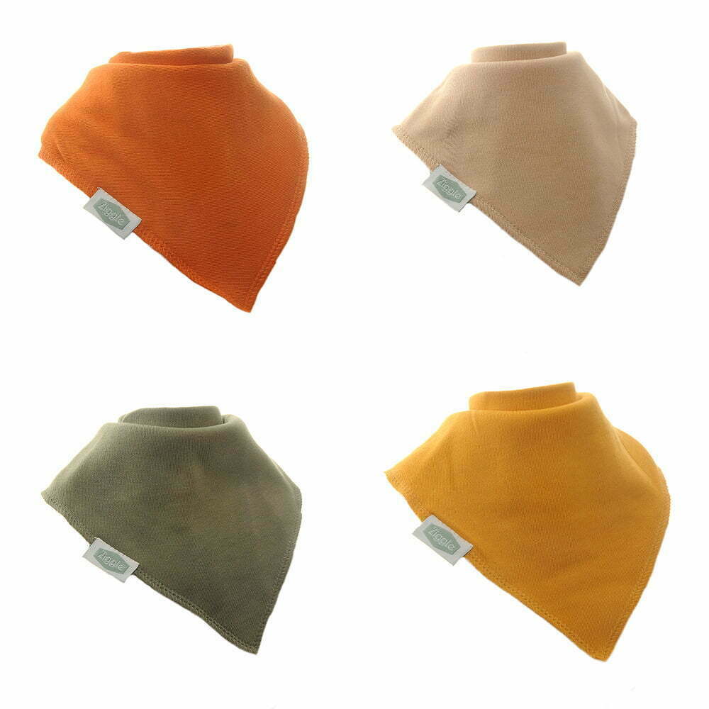 Bandana dribble bibs set of  four in Sahara colours, orange, yellow, cream and green.