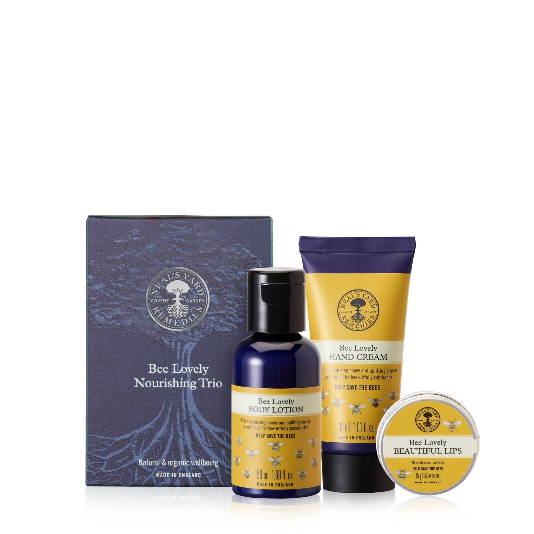 Gift set of Bee friendly products.  Body lotion, hand cream and lip balm in a gift box.