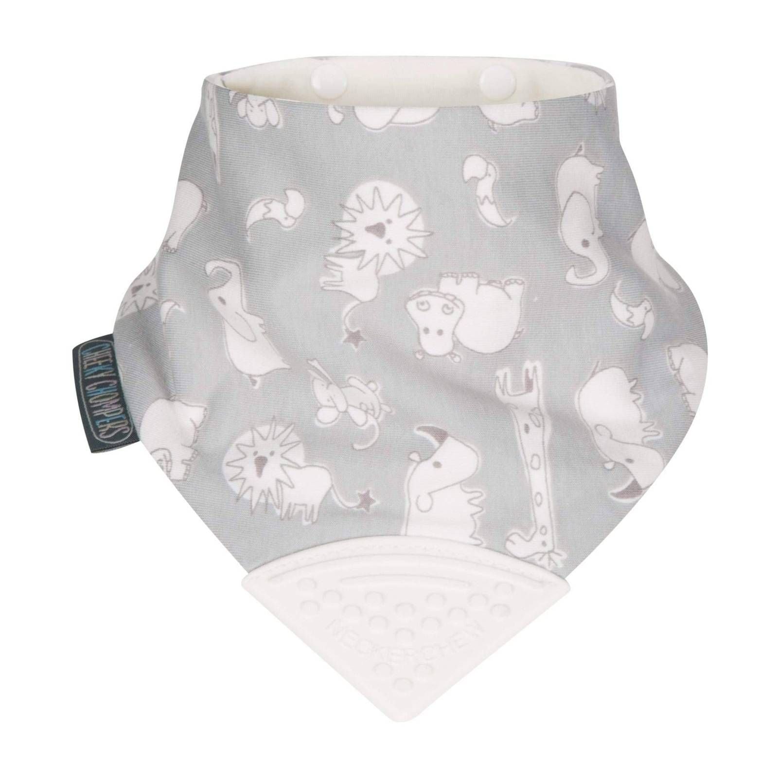 Baby bib in bandana style. Grey with animal print and teether by  Cheeky Chompers