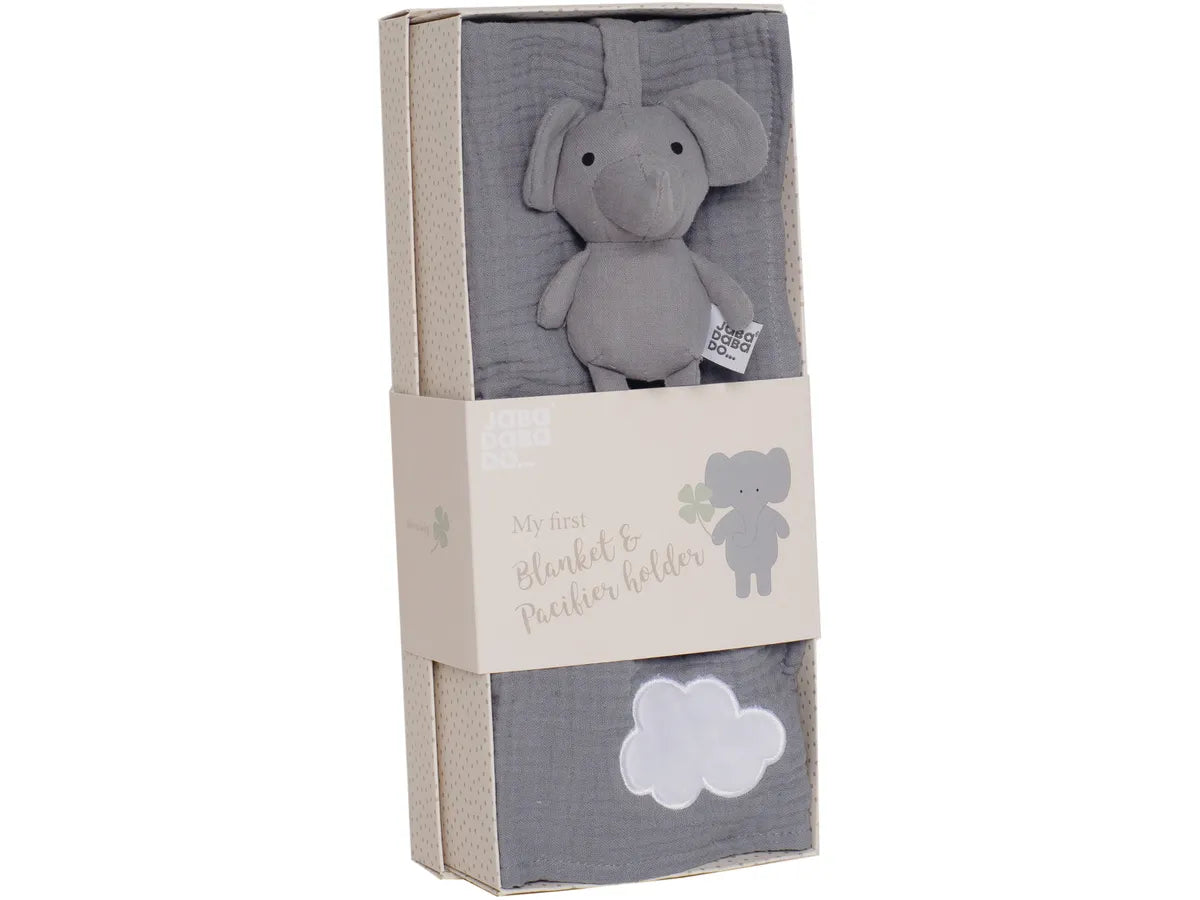Give the gift of comfort and security with our Grey My First Blanket and Elephant Pacifier.  This set is soft and will allow you to snuggle baby for many hours. 