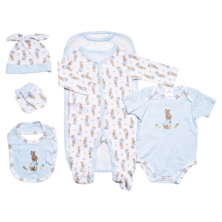 This adorable Peter Rabbit 5PC layette set is the perfect gift, for any occasion. The bright, bold and beautiful carrot and bunny rabbit motif will make your little one stand out in style.