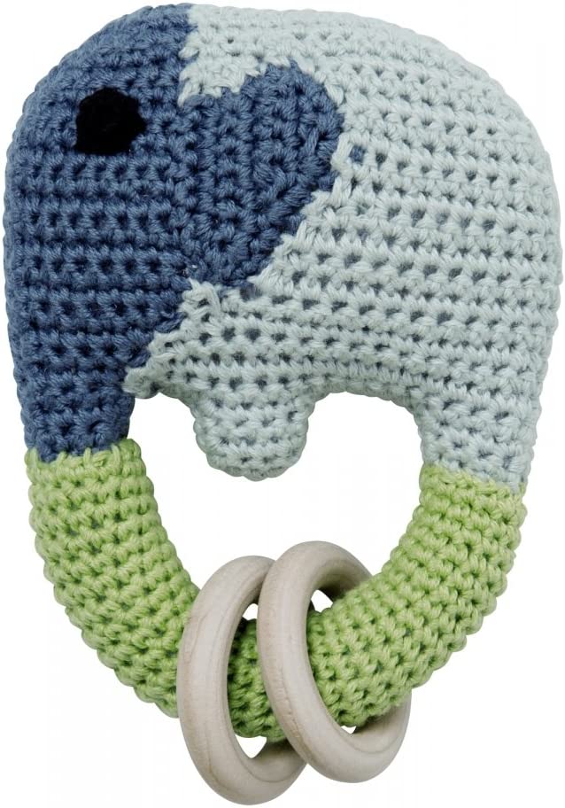 Blue knitted elephant baby rattle.