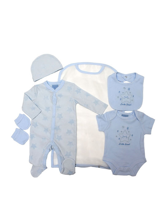 Baby blue five piece gift set with &#39;Little Star&#39; embroidered on the bib and star print on the baby grow.   Each gift set contains:  Long sleeve baby grow  Short sleeve body suite  Bib  Mittens  Hat