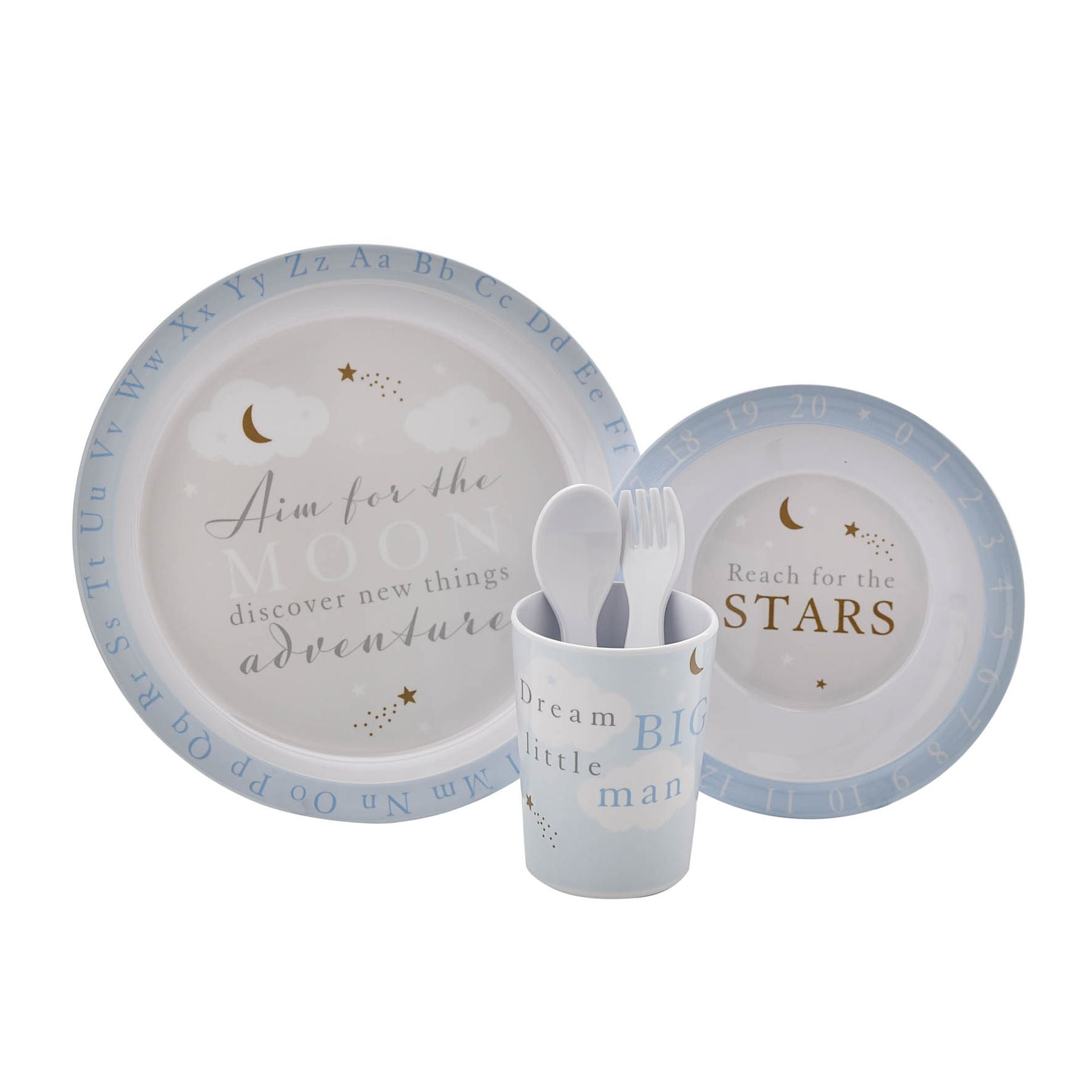 Five piece plate set with plate, bowl, beaker, fork and spoon.  Perfect gift with Aim For The Moon and Reach For The Stars wording.