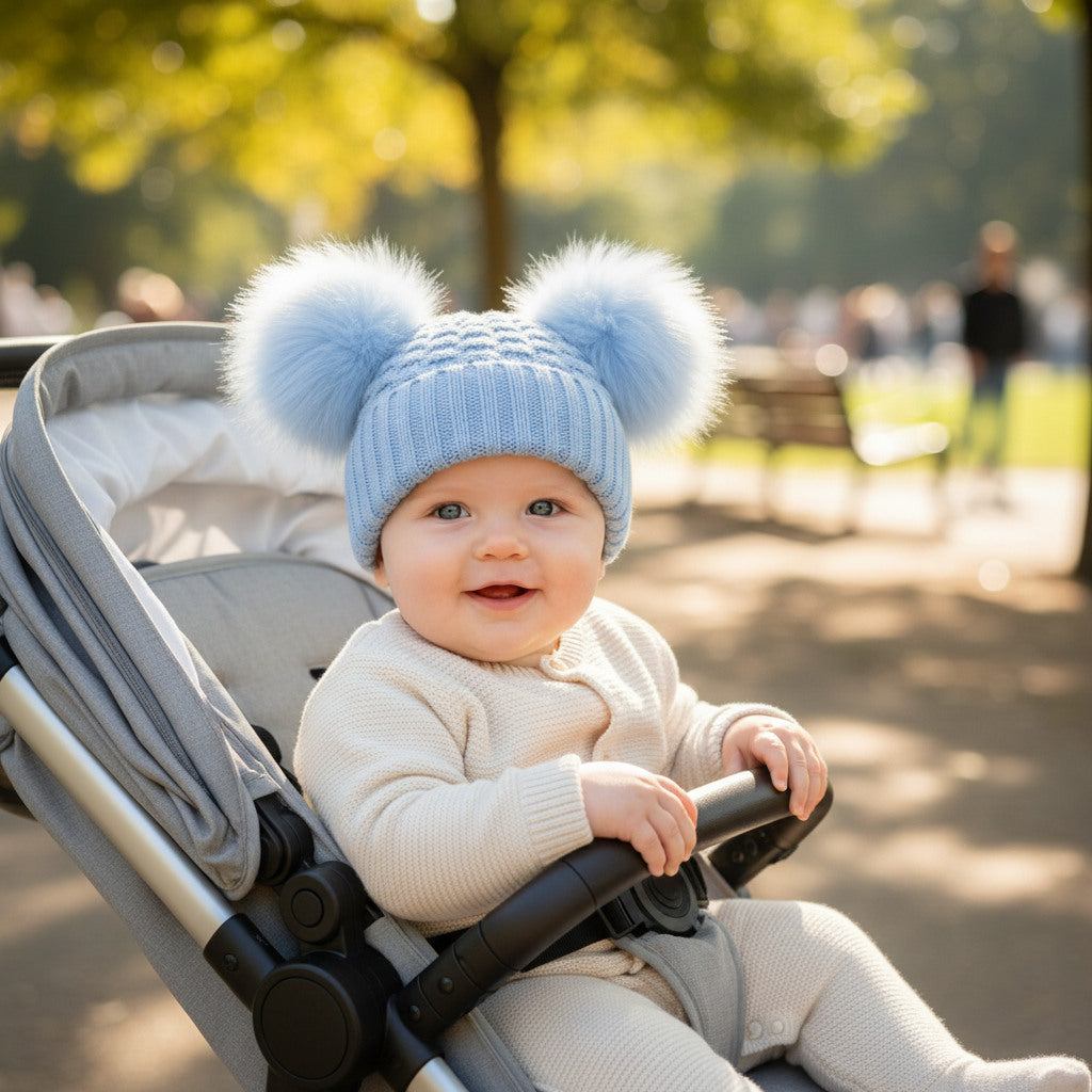 Baby Blue Checked/Striped Knit Hat with Faux Fur Double Pom Poms Baby Hat.