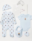 This gift set makes the perfect newborn baby gift for a new family. The light blue teddy bear print bodysuit, sleepsuit and beanie hat are sure to be loved by parents and baby alike.