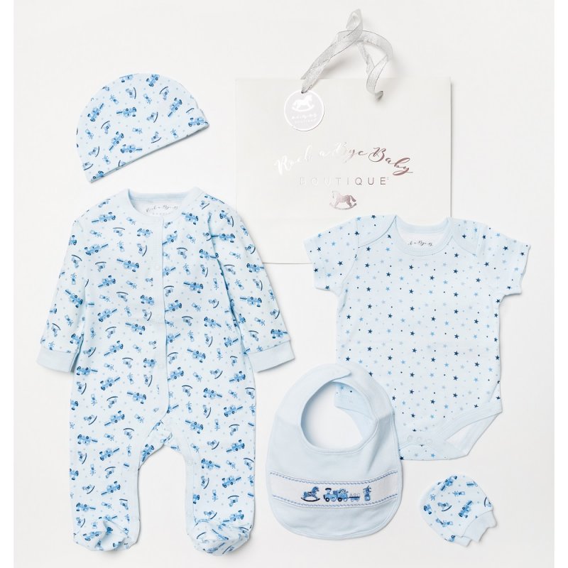 Baby boy blue 5 piece clothing gift set.  The gift set has a selection of toys embroidered on the bib