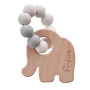 elephant shaped baby teething toy with grey beads.