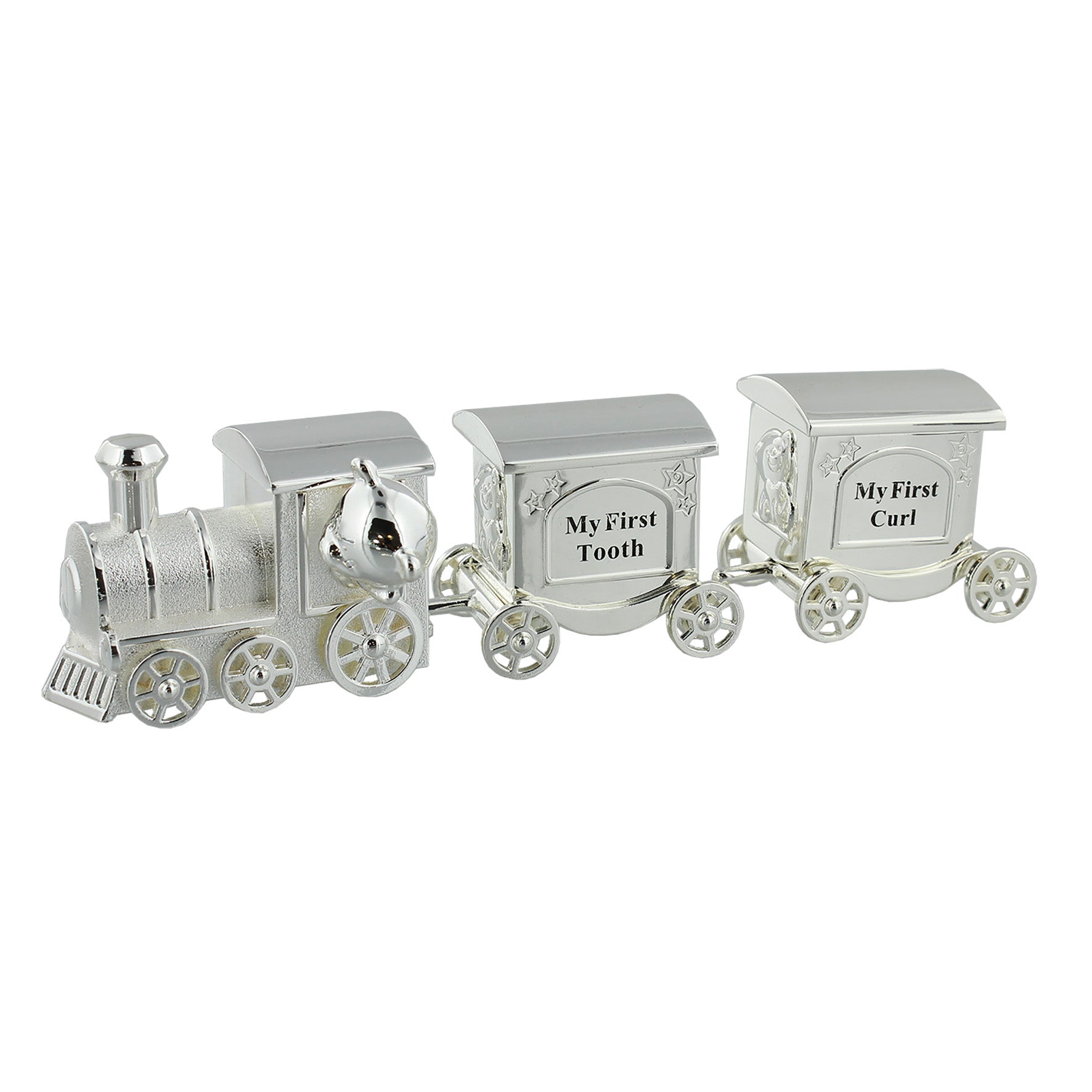 Silver Plated &#39;First Tooth &amp; Curl Set&#39; Train Money Box with Two Carriages