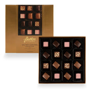 16 sea salt caramel chocolate selection with no alcohol beautifully presented in a gold box.